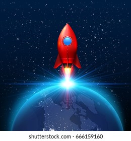 Space red rocket launch creative art, planetary startup . Vector illustration