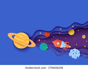 Space with red rocket and planets in paper cut style. Cut out 3d universe abstract background with planet Earth, Sun, Mercury, Saturn, Moon, Jupiter and spacecraft launch papercut art. Vector card