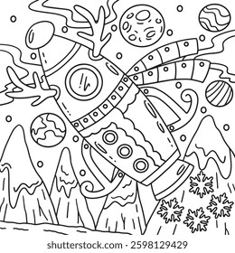 Space Reindeer Rocket Coloring Page for Kids 