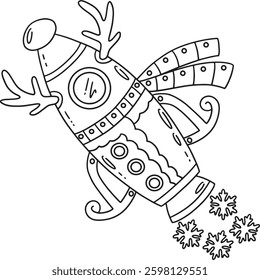 Space Reindeer Rocket Isolated Coloring Page 