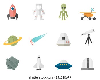 Space related icons in flat color style