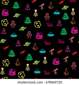 Space related icons in single color. Seamless pattern. Background vector illustration.