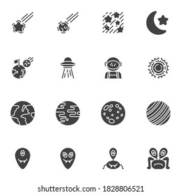 Space related vector icons set, modern solid symbol collection, filled style pictogram pack. Signs logo illustration. Set includes icons as starfall, comet, moon and star, spaceman, flying saucer, ufo