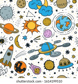 Space repeat pattern. Vector seamless background with planets, spaceships, rockets and stars for children