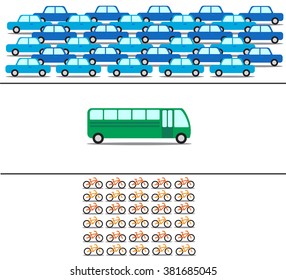Space required to transport same amount of people by car, bus and bicycle. Vector infographic.