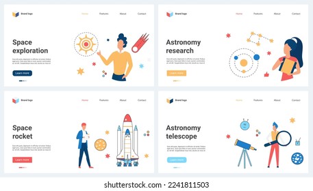 Space research, astronomy, exploration set vector illustration. Cartoon tiny people launch rocket spacecraft into outer space, work with telescope and magnifying glass to explore universe and planets