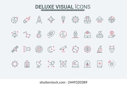 Space research, astronomy thin black and red line icons set vector illustration. Outline symbols of science observatory and telescope, satellite and rocket, scientific study of planets and stars