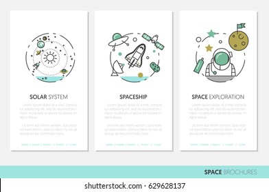 Space Research Business Brochure Template with Linear Thin Line Vector Icons