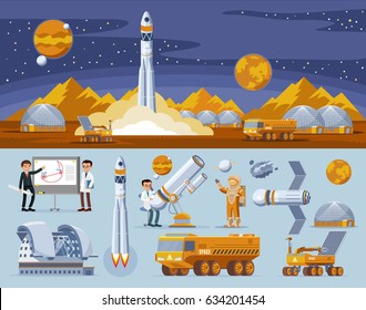 Space research concept with rocket launch truck lunar rover station scientists telescope planets satellite vector illustration