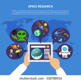 Space research concept with UFO and satellites symbols flat vector illustration 