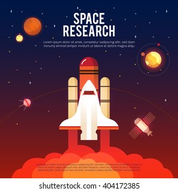 Space Research And Exploration Colorful Poster With Shuttle Launch Satellite And International Station Flat Abstract Vector Illustration