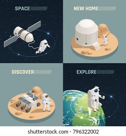 Space research exploration discoveries 4 isometric icons square with astronaut landing on alien planet isolated vector illustration 