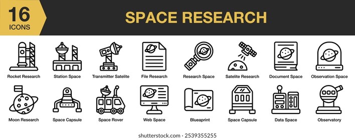 Conjunto de ícones de Pesquisa Espacial. Inclui planta, espaço de dados, documento, arquivo, lua, observatório e muito mais. Contornar coleção de vetores de ícones.