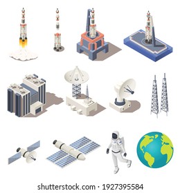 Space research isometric icons set with rocket astronaut planet earth radar command center isolated on white background 3d vector illustration