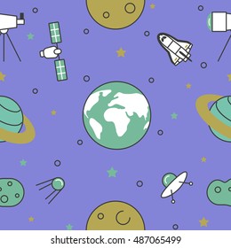Space Research Line Art Thin Vector Seamless Pattern Background with Shuttle and Planets