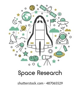 Space Research Line Art Thin Vector Icons Set with Shuttle Astronaut and Planets