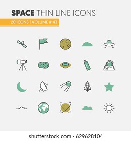 Space Research Linear Thin Line Vector Icons Set with Shuttle Astronaut and Planets