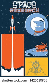 Space Research Retro Style Comic Poster, Funny Astronaut and Retro Space Rocket, Moon Rover and Spacecraft Drawings