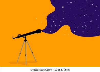Space research and science, concept. Telescope on an orange background, infinite space as a field of research, school poster, free space for text