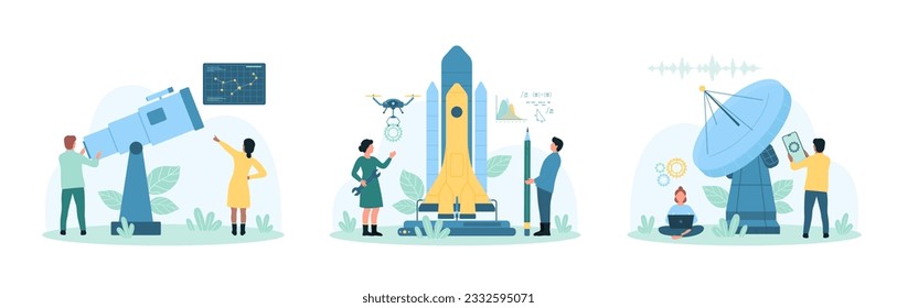 Space research set vector illustration. Cartoon tiny people connect to radar with antenna for communication with satellite, launch shuttle rocket into sky and look at constellation through telescope