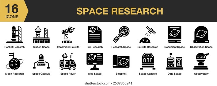 Space Research solid icon set. Includes web space, transmitter, station, rover, capsule, sattelite, and More. Solid icons vector collection.