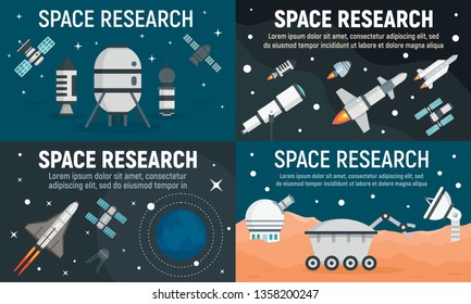 Space research technology banner set. Flat illustration of space research technology vector banner set for web design