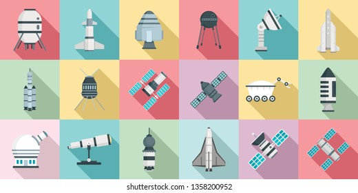 Space research technology icons set. Flat set of space research technology vector icons for web design