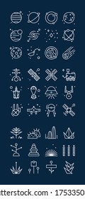 Space research technology icons set. Set of space research technology vector icons for web design isolated on blue background.