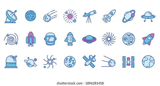 Space research technology icons set. Outline set of space research technology vector icons for web design isolated on white background