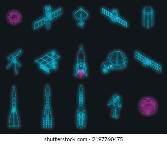 Space research technology icons set. Isometric set of space research technology vector icons neon color on black