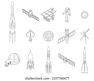 Symbole für Weltraumforschungstechnologie. Isometrische Reihe von Weltraumforschungstechnologie-Vektorsymbole bilden eine dünne Linie einzeln auf weiß