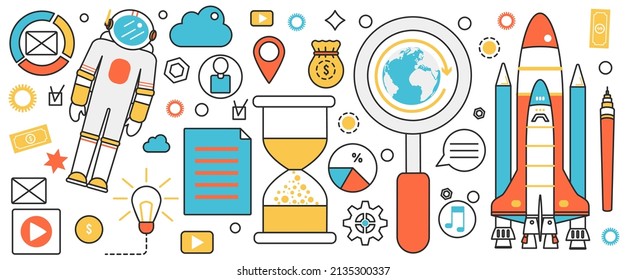 Space research technology and mission. Abstract aerospace discovery, rocket launch and astronaut, global exploration and travel in galaxy universe in infographic concept banner, thin line art design