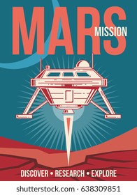 Space research vector poster. Spaceship landing to Mars vintage background. Mars colonization and exploration, illustration of poster mars mission