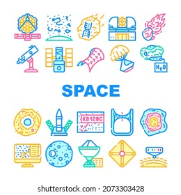 Space Researchment Equipment Icons Set Vector. Hubble Telescope Tool And Virtual Planetarium, Launch Rocket And Space Capsule, Spectral Analysis Of Stars And Planets Line. Color Illustrations