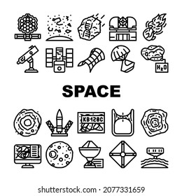 Space Researchment Equipment Icons Set Vector. Hubble Telescope Tool And Virtual Planetarium, Launch Rocket And Space Capsule, Spectral Analysis Of Stars And Planets Black Contour Illustrations