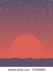 Space retro background. Planet surface like Mars and huge red giant sun rising above the horizon. Gradient planet sky. Mountains and rocks on planet horizon. A lot of bright stars on the sky.