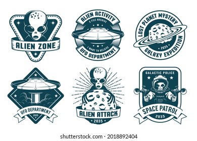 Space retro badge with alien and UFO. Alien astronaut vintage logo set. Vector illustration.