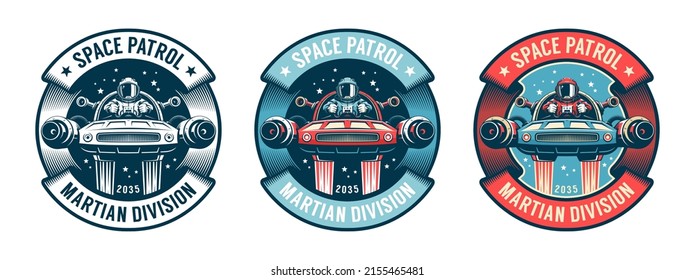 Space Retro - Badge Astronaut On Shuttle. Spaceship Pilot - Vintage Logo. Vector Illustration.