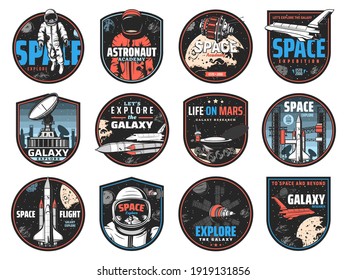 Space Retro Badges With Vector Astronauts, Spaceships And Universe Galaxy Planets. Rocket Launch, Satellite And Shuttle, Earth, Moon And Star, Spaceman, Spacesuit, Helmet And Lunar Rover Icons