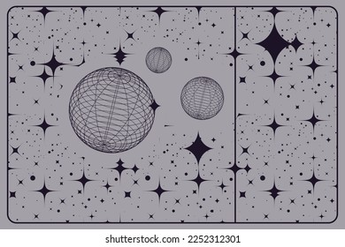 Space Retro-Design mit geometrischen Elementen, Wireframe Planet Sand Sterne Hintergrund. Abstraktes Universum-Konzept.