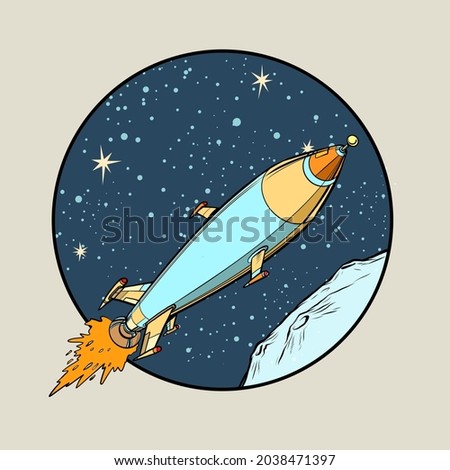Space Retro Rocket. Startup symbol. Space transport jet engine