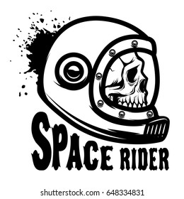 Space rider. Human skull in spaceman helmet. Design element for poster, t-shirt. Vector illustration