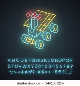 Space robot neon light icon. Moon rover. Moonwalker. Apparatus for studying planets surface. Space exploration. Glowing sign with alphabet, numbers and symbols. Vector isolated illustration