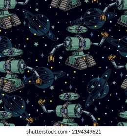 Space robot seamless pattern vintage colorful caterpillar human-like robot in space in front of planets and stars vector illustration