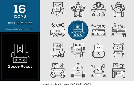 Space Robot Set of outline icons related to analysis, infographic, analytics. Editable stroke. Vector illustration. 