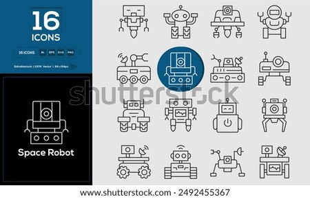 Space Robot Set of outline icons related to analysis, infographic, analytics. Editable stroke. Vector illustration. 