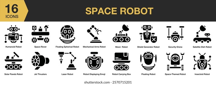 Space Robot solid icon set. Includes Floating, Robot, Cyborg, Device, Robotic, Technology, and More. Solid icons vector collection.