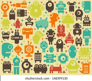 Space robots, monsters, alien colorful background. Vector illustration. 