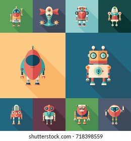 Space robots set of flat square icons with long shadows.