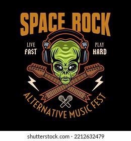 Space rock music festival vector emblem, label, badge or logo with green alien head and crossed broken guitar necks. Colorful illustration isolated on dark background